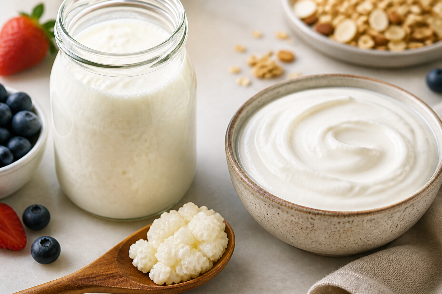 Close-up editorial still life of Kefir's Real Edge Over Yogurt on a clean wooden or marble surface