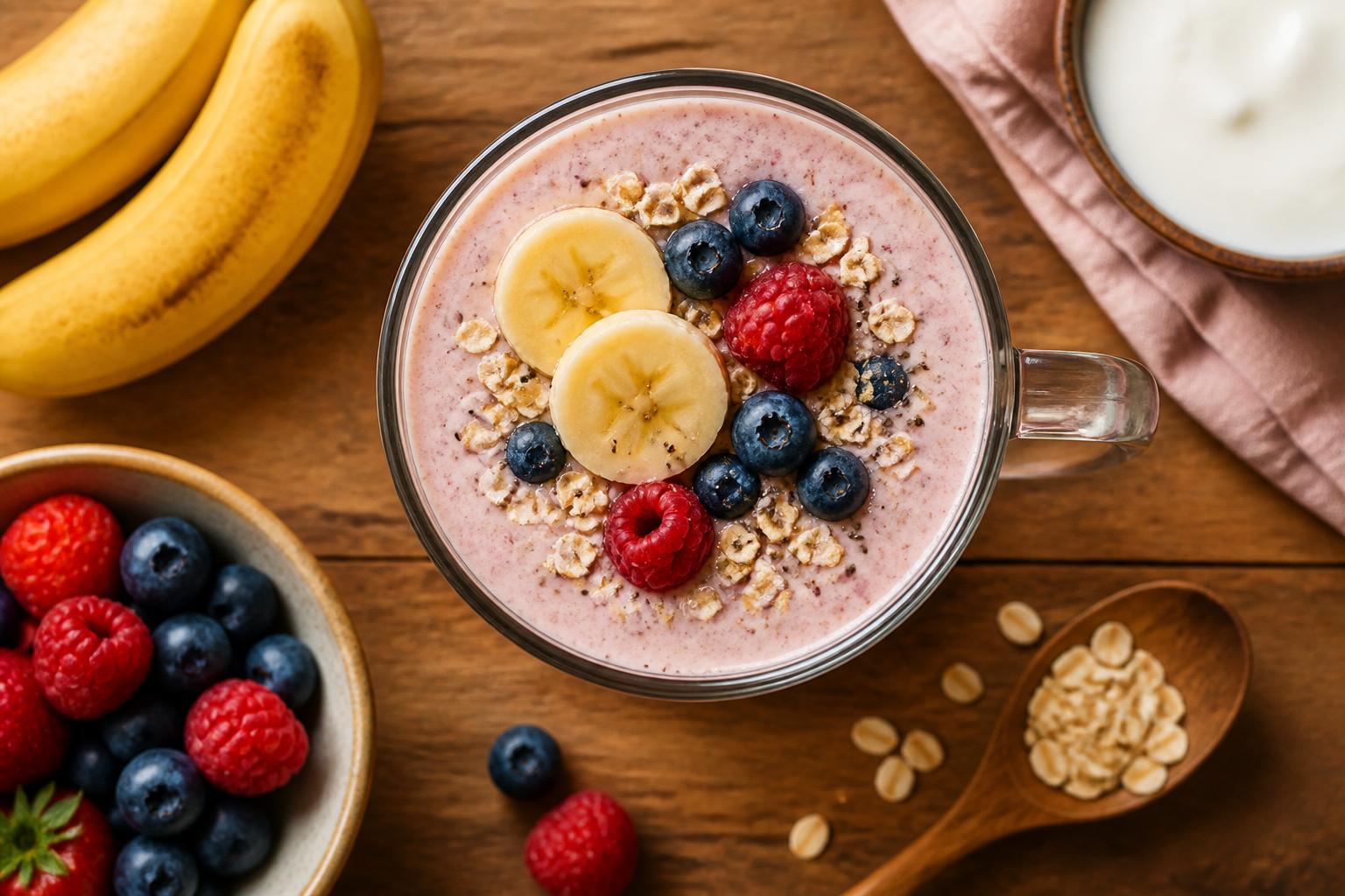 Overhead shot of Kefir Smoothie with Banana and Berries plated appetizingly in a tall glass or mug