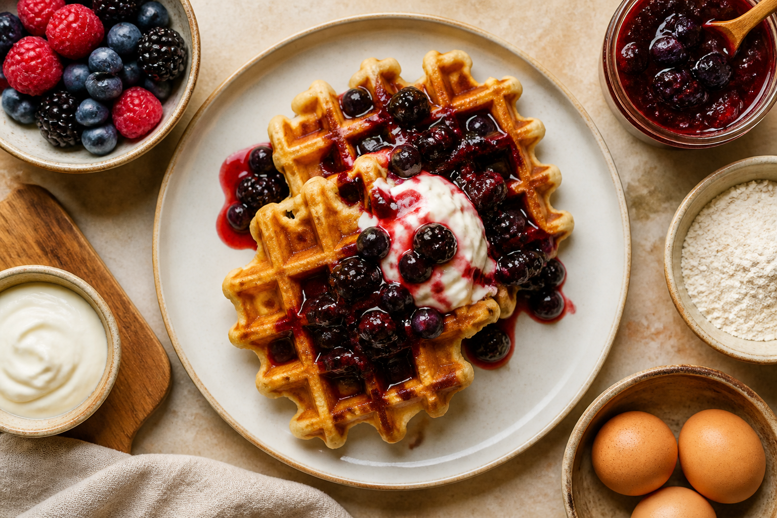 Overhead shot of Kefir Waffles with Berry Compote plated appetizingly in a clean plate