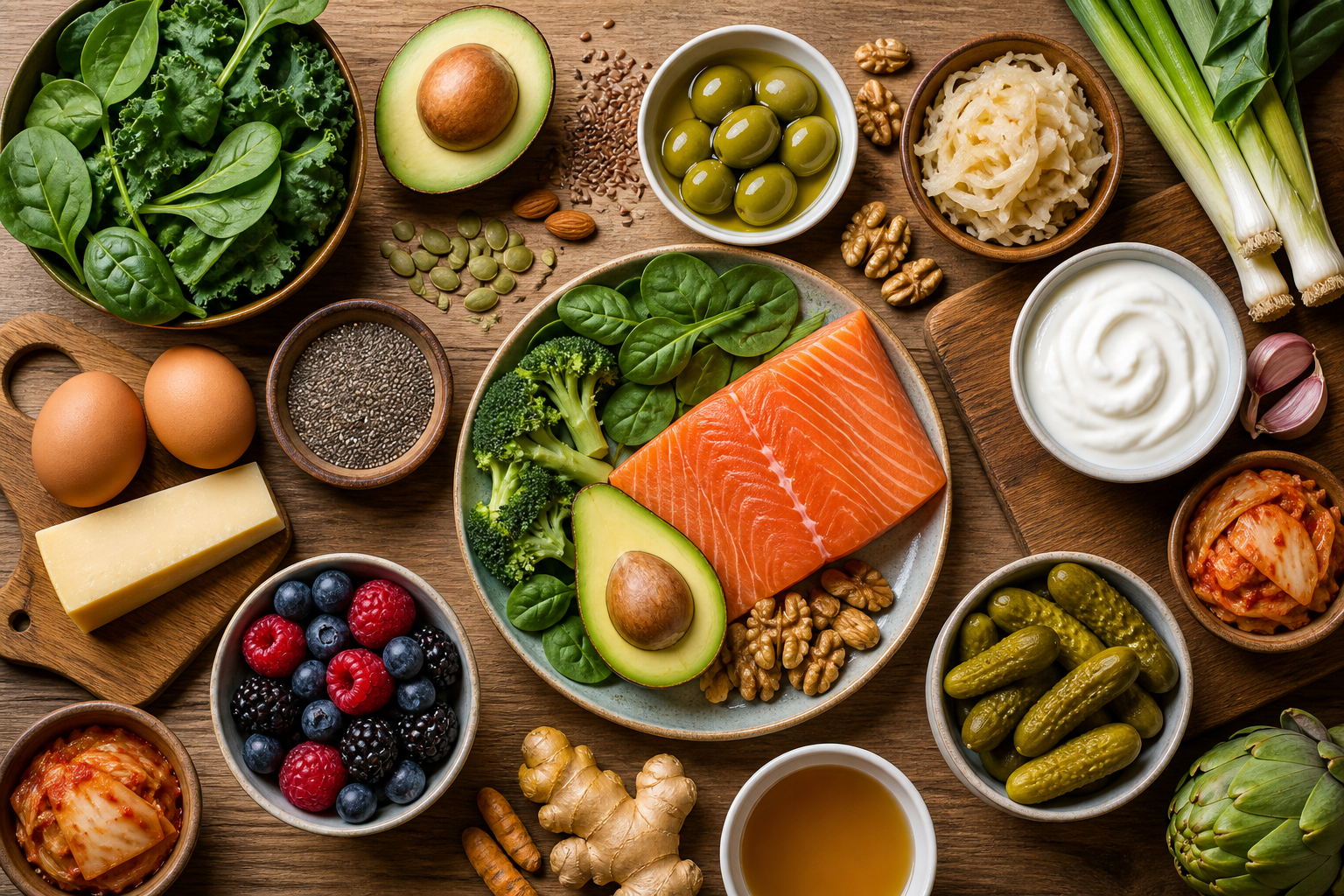 Overhead flat lay of foods representing Keto and Your Gut arranged beautifully on a wooden surface