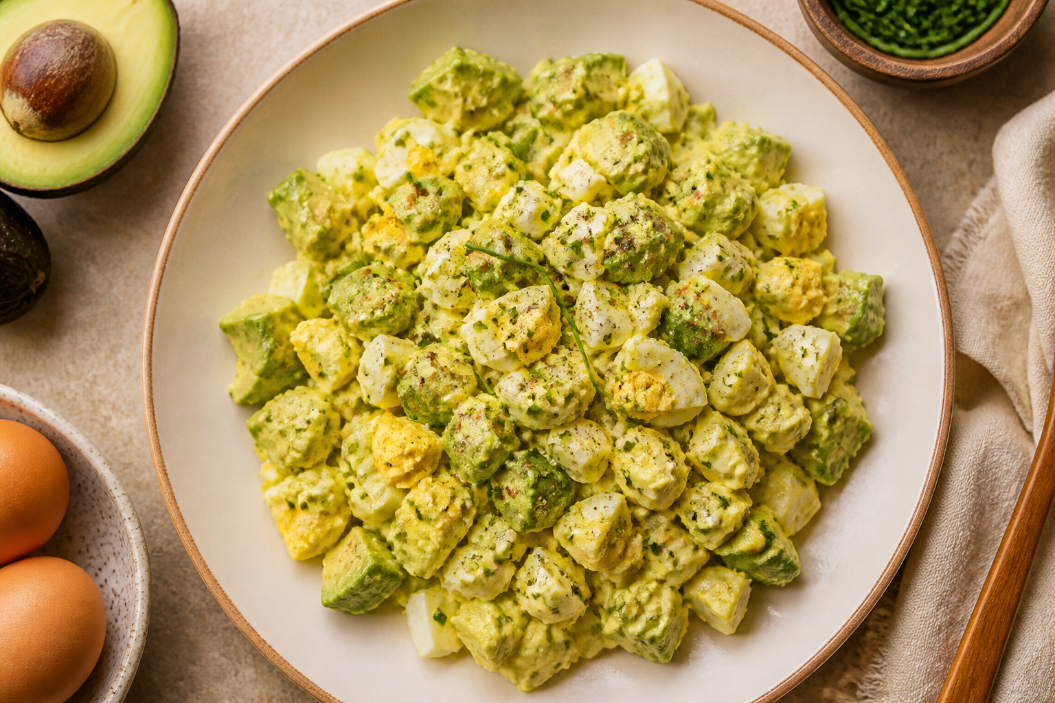 Overhead shot of Keto Avocado Egg Salad plated appetizingly in a wide clean plate
