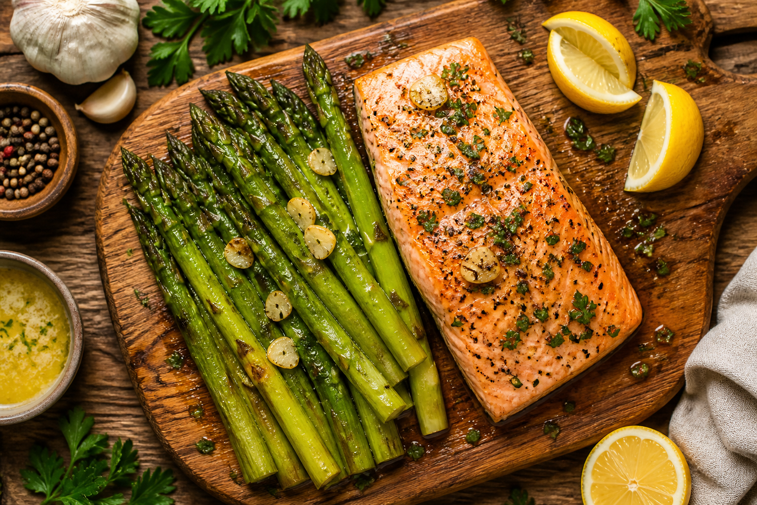Overhead shot of Keto Salmon with Garlic Butter Asparagus plated appetizingly in a wooden board