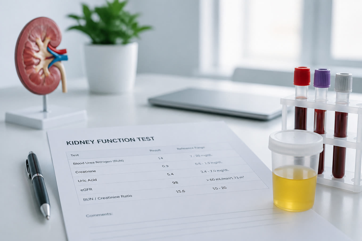 Kidney function lab report on a clean medical desk