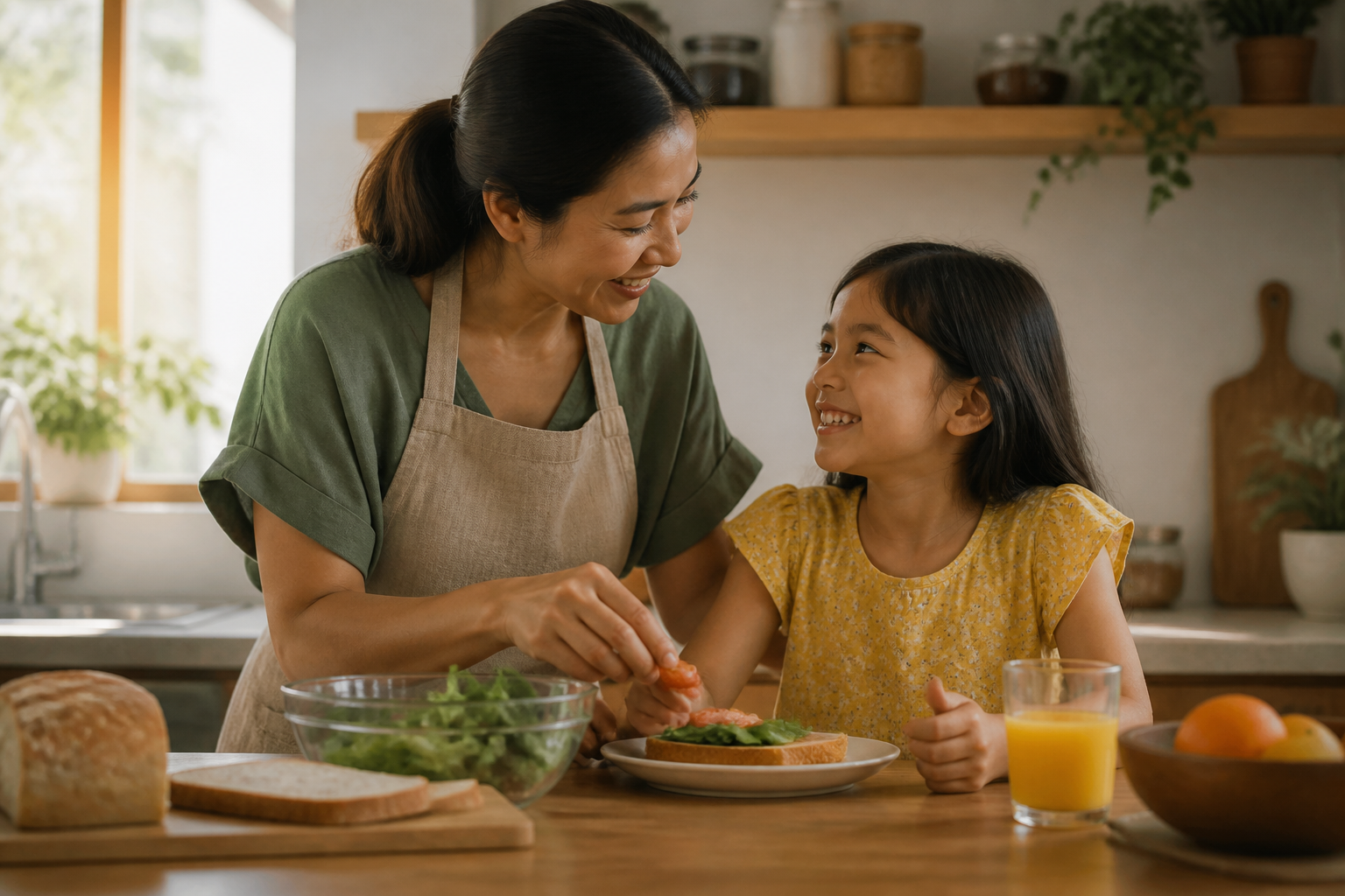 Filipino parent with a child age 6-8 in a warm home kitchen