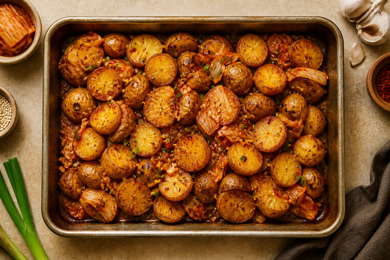 Overhead shot of Kimchi Butter Roasted Potatoes plated appetizingly in a baking tray