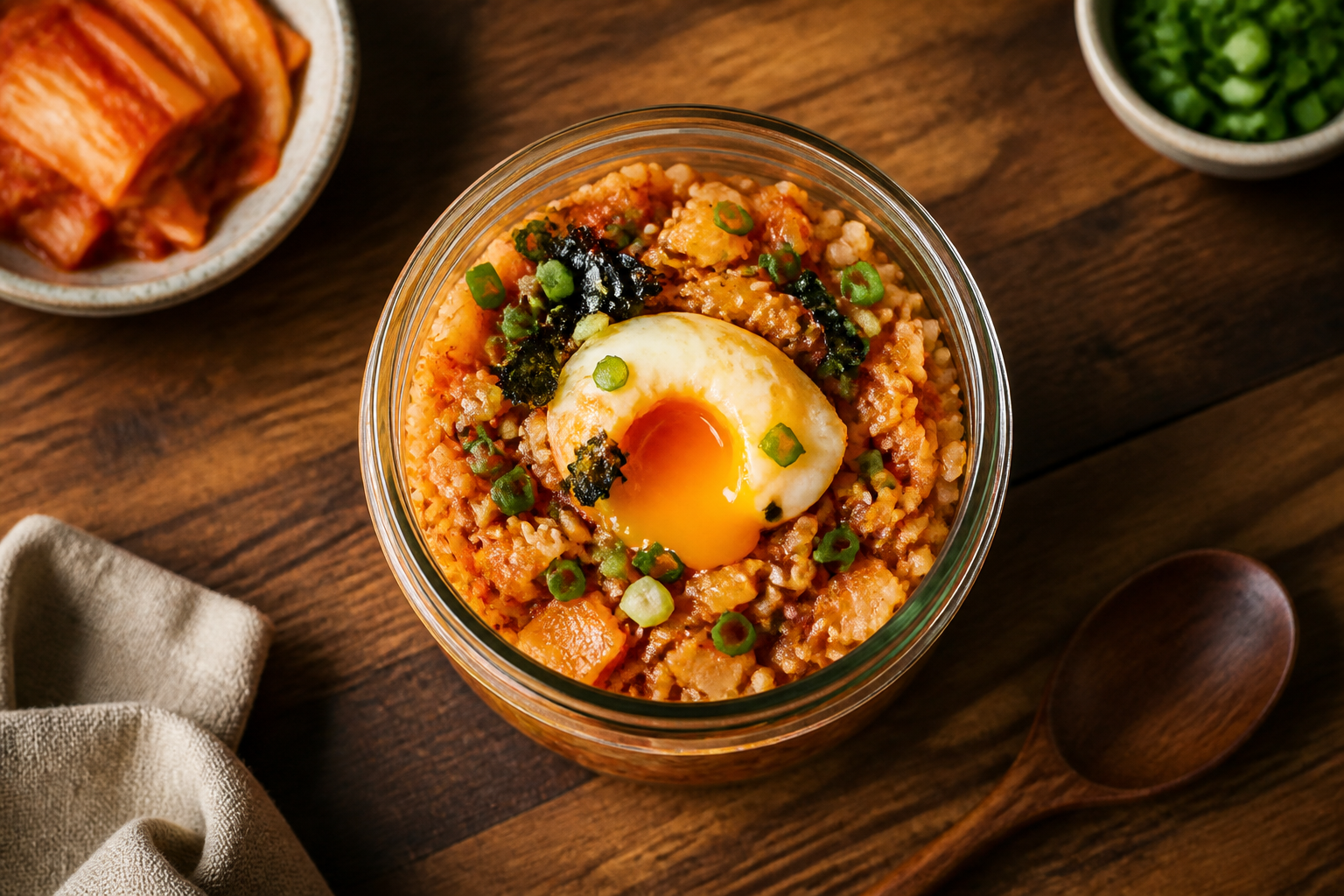 Overhead shot of Kimchi Fried Rice plated appetizingly in a mason jar