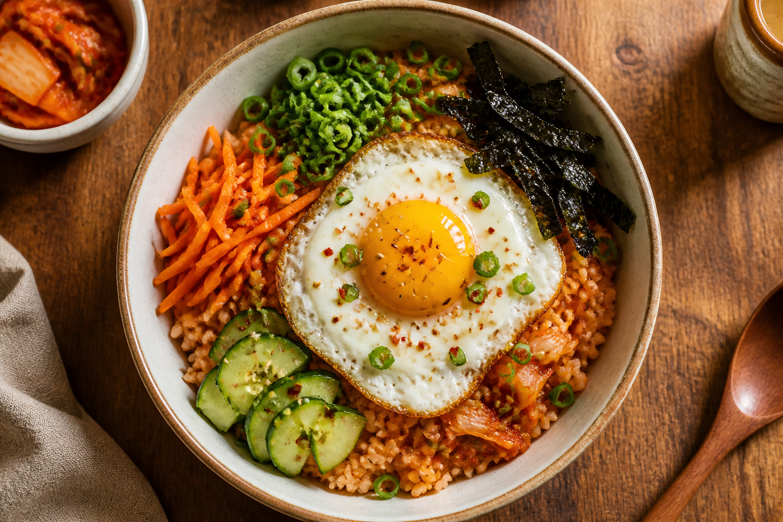 Overhead shot of Kimchi Rice Bowl with Fried Egg plated appetizingly in a ceramic bowl with toppings visible