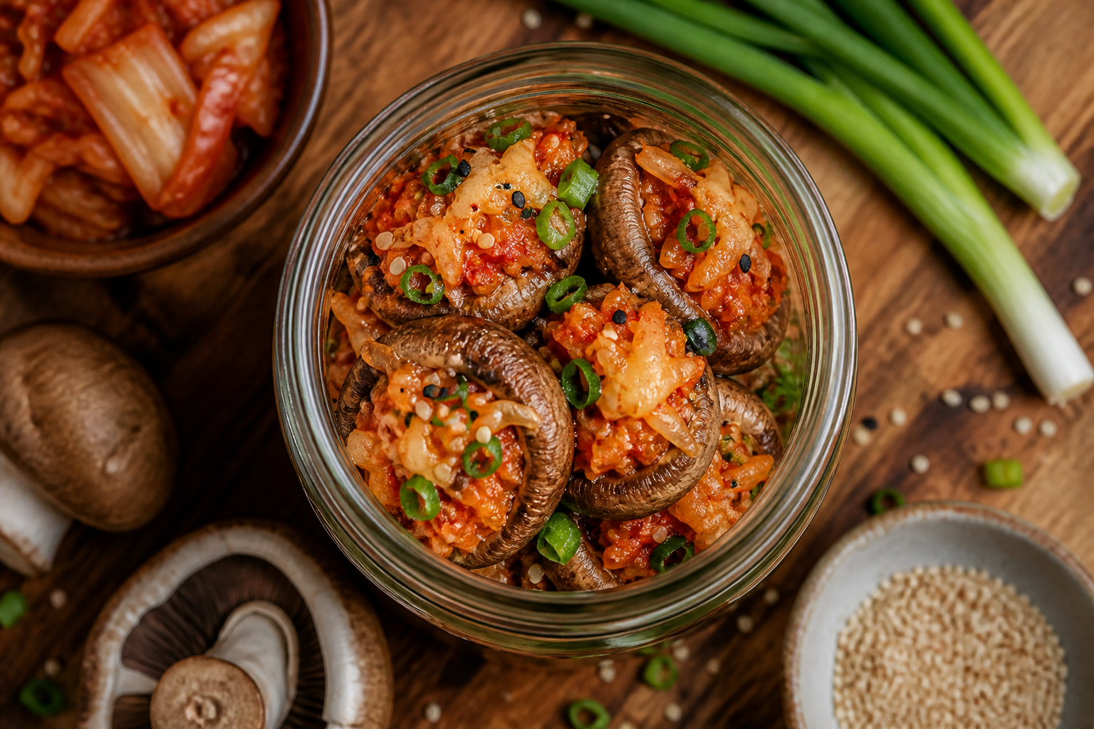 Overhead shot of Kimchi Stuffed Mushrooms plated appetizingly in a mason jar