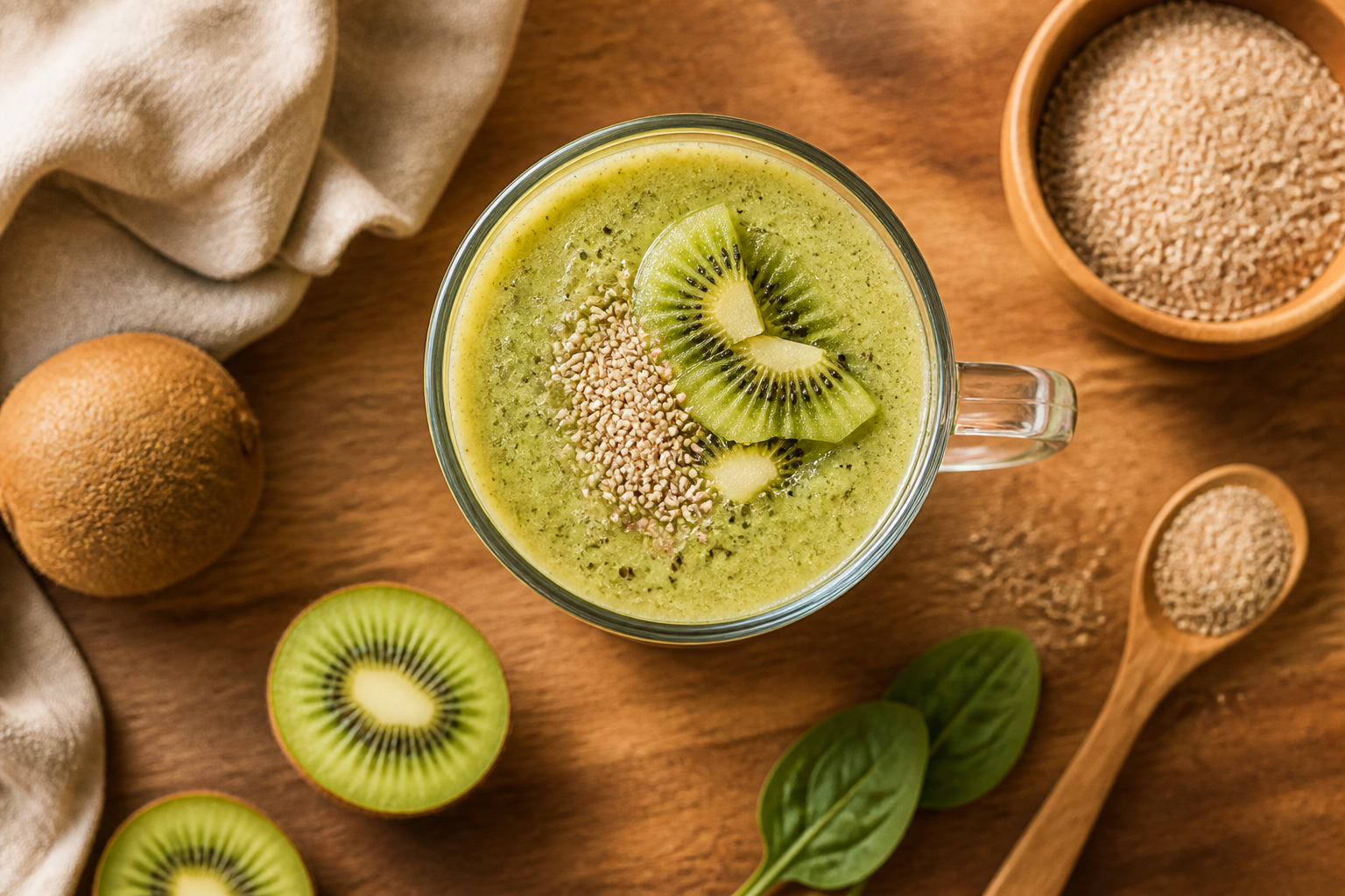 Overhead shot of Kiwi and Psyllium Morning Smoothie plated appetizingly in a tall glass or mug