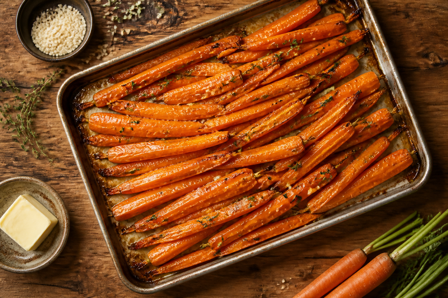 Overhead shot of Koji Butter Roasted Carrots plated appetizingly in a baking tray