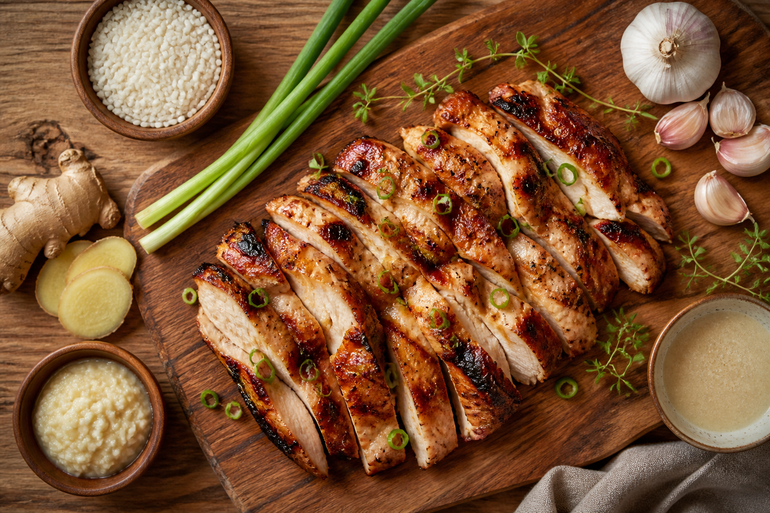 Overhead shot of Koji Marinated Grilled Chicken plated appetizingly in a wooden board