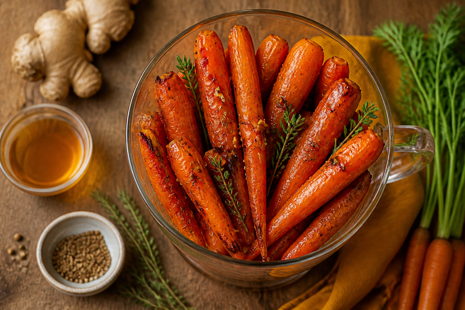 Overhead shot of Kombucha Glazed Roasted Carrots plated appetizingly in a tall glass or mug
