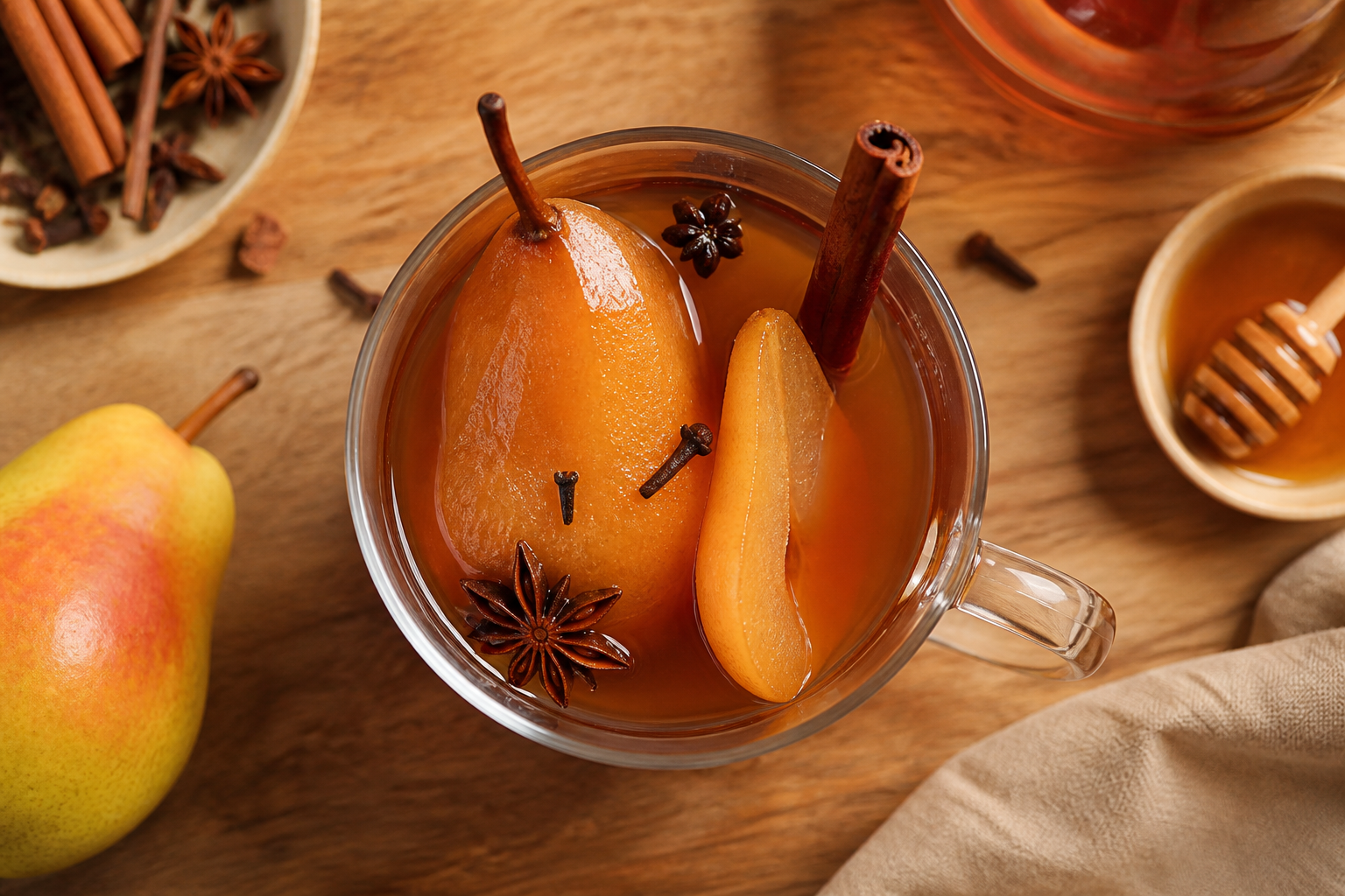 Overhead shot of Kombucha Poached Pears plated appetizingly in a tall glass or mug