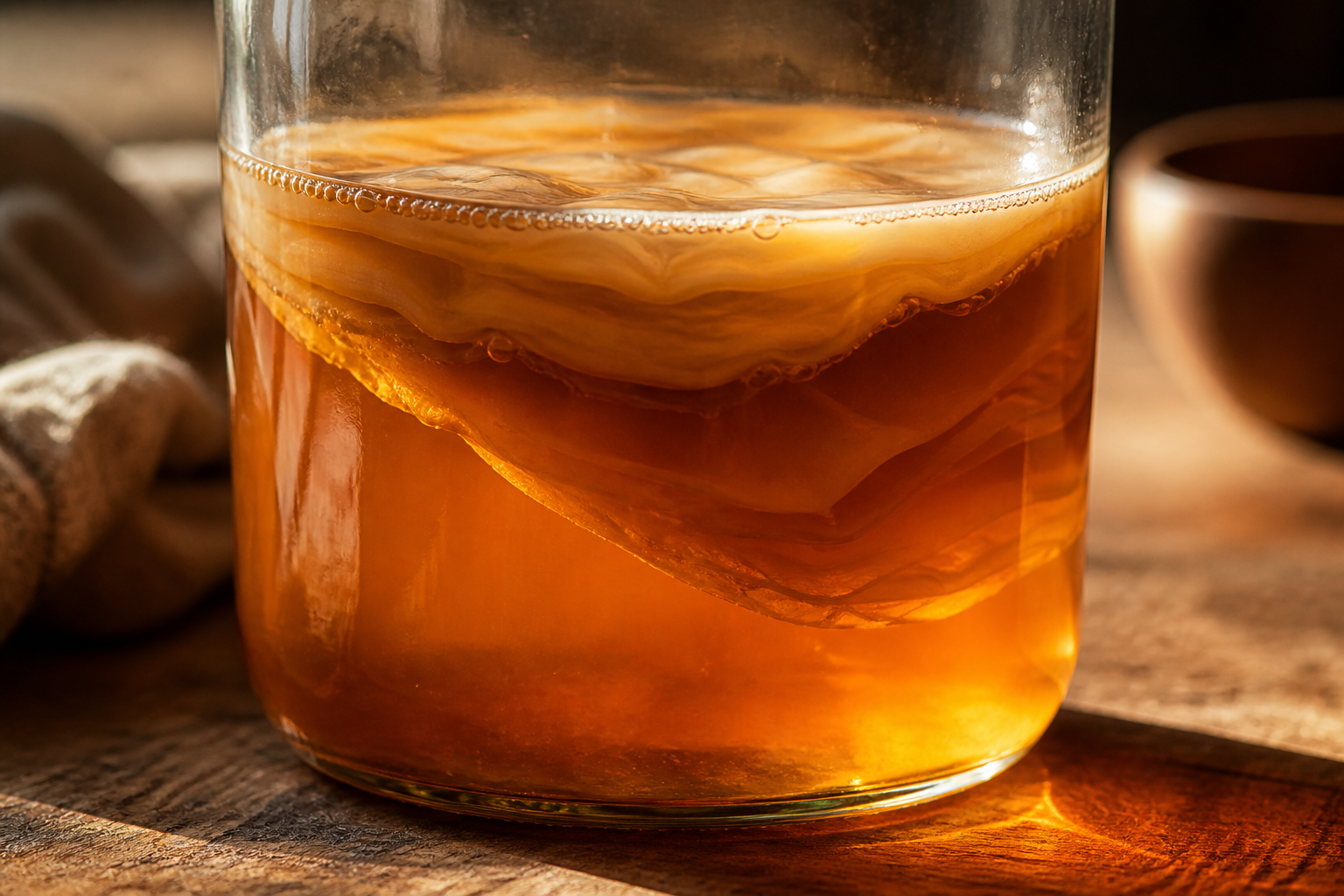 Close-up of a glass bottle of kombucha with visible SCOBY culture inside