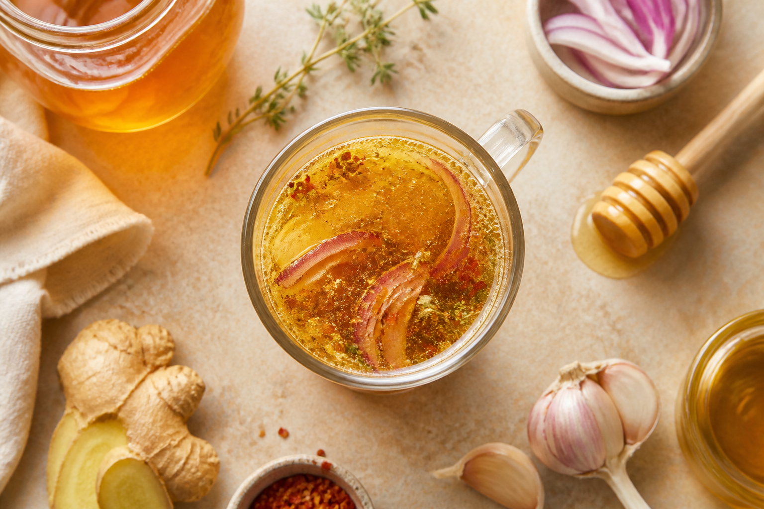 Overhead shot of Kombucha Vinaigrette plated appetizingly in a tall glass or mug
