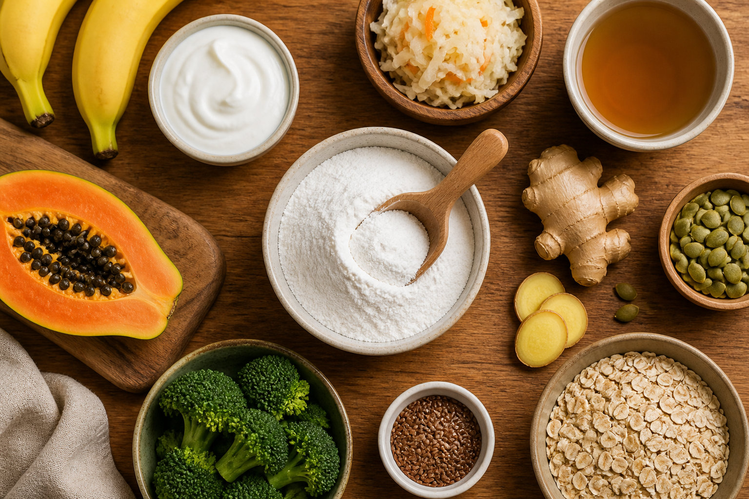Overhead editorial still life related to L-Glutamine and Your Gut on a warm wooden surface