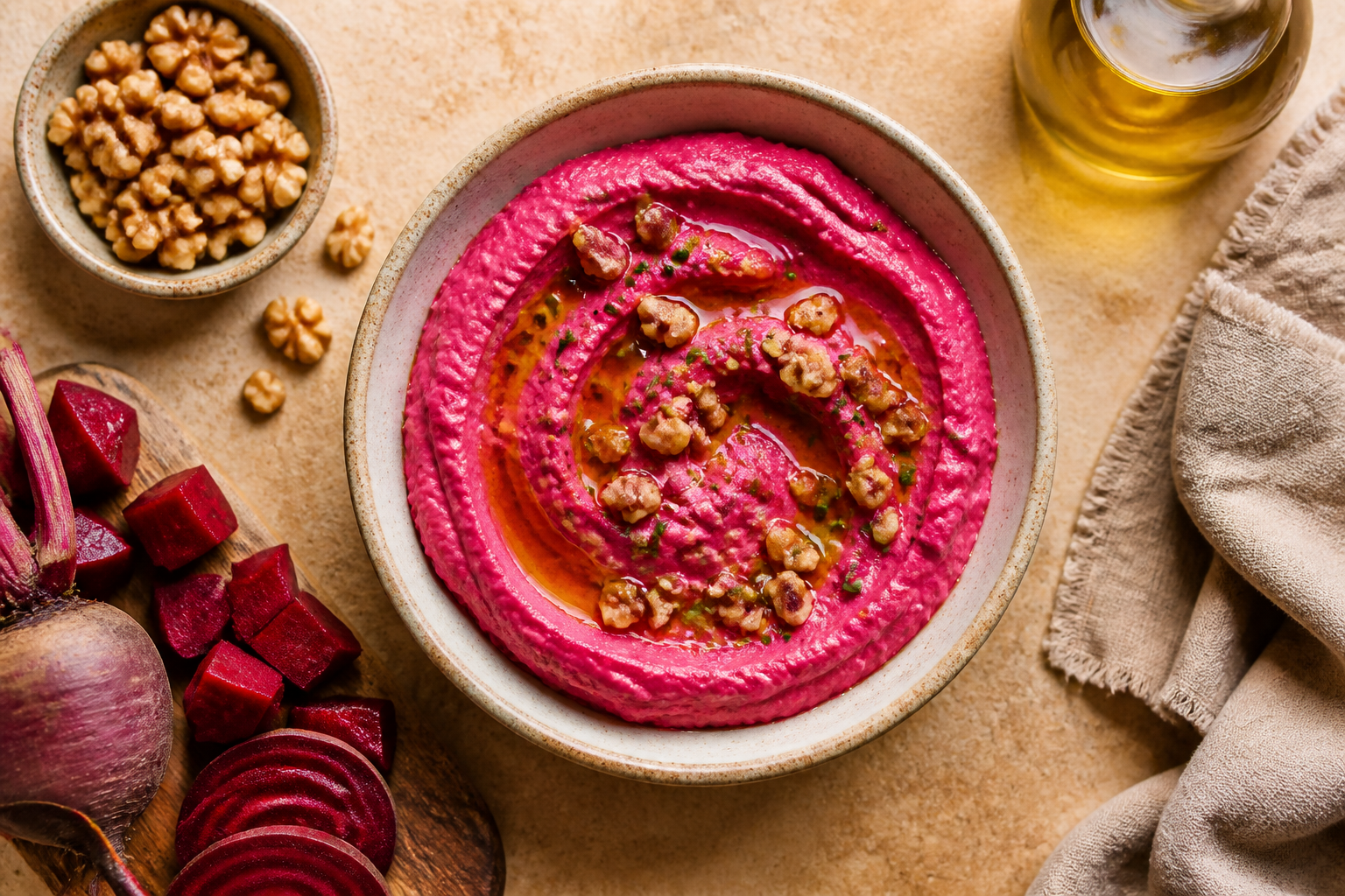 Overhead shot of Labneh Beet Dip with Walnuts plated appetizingly in a small ceramic bowl