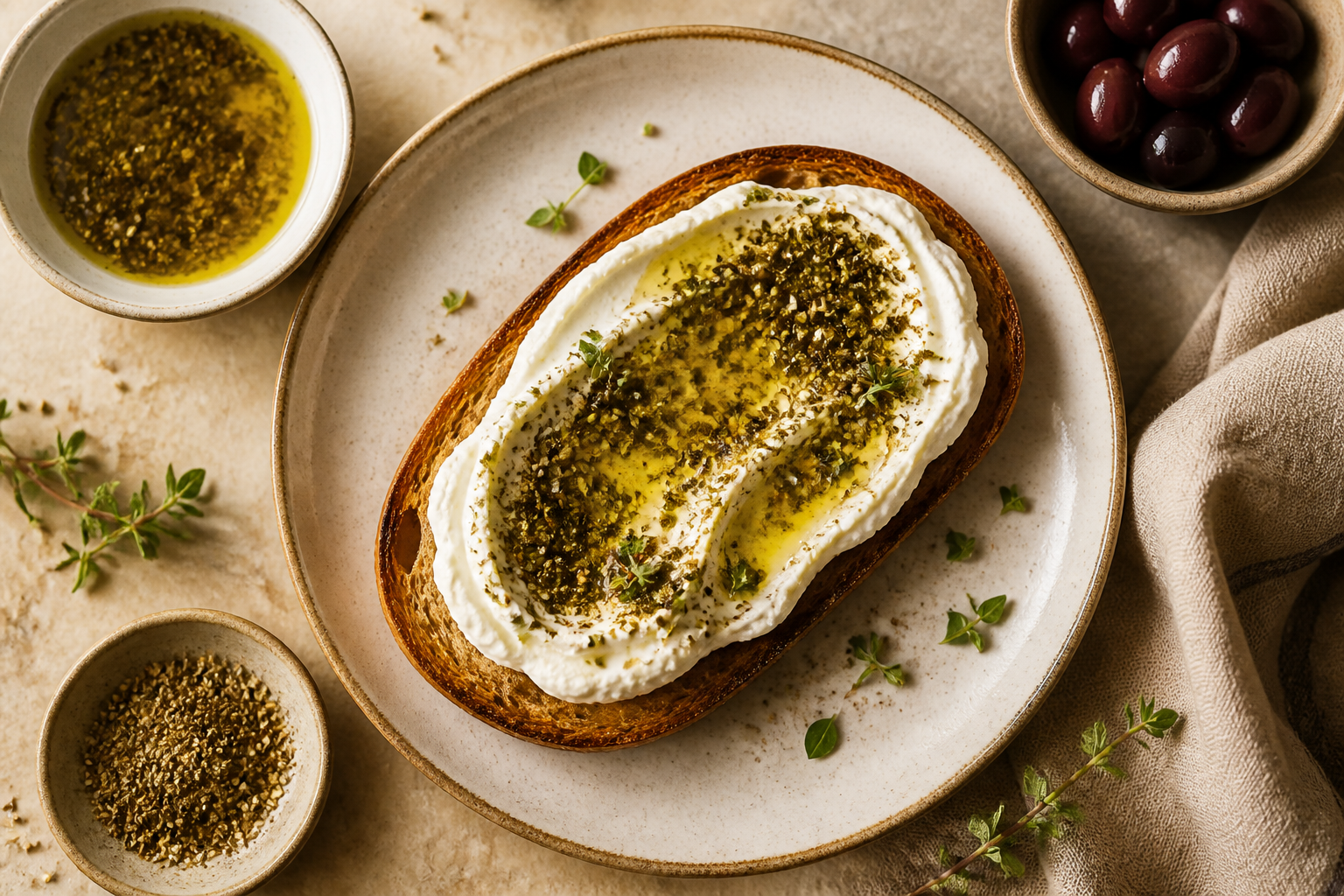 Overhead shot of Labneh Toast with Za'atar Oil plated appetizingly in a clean plate