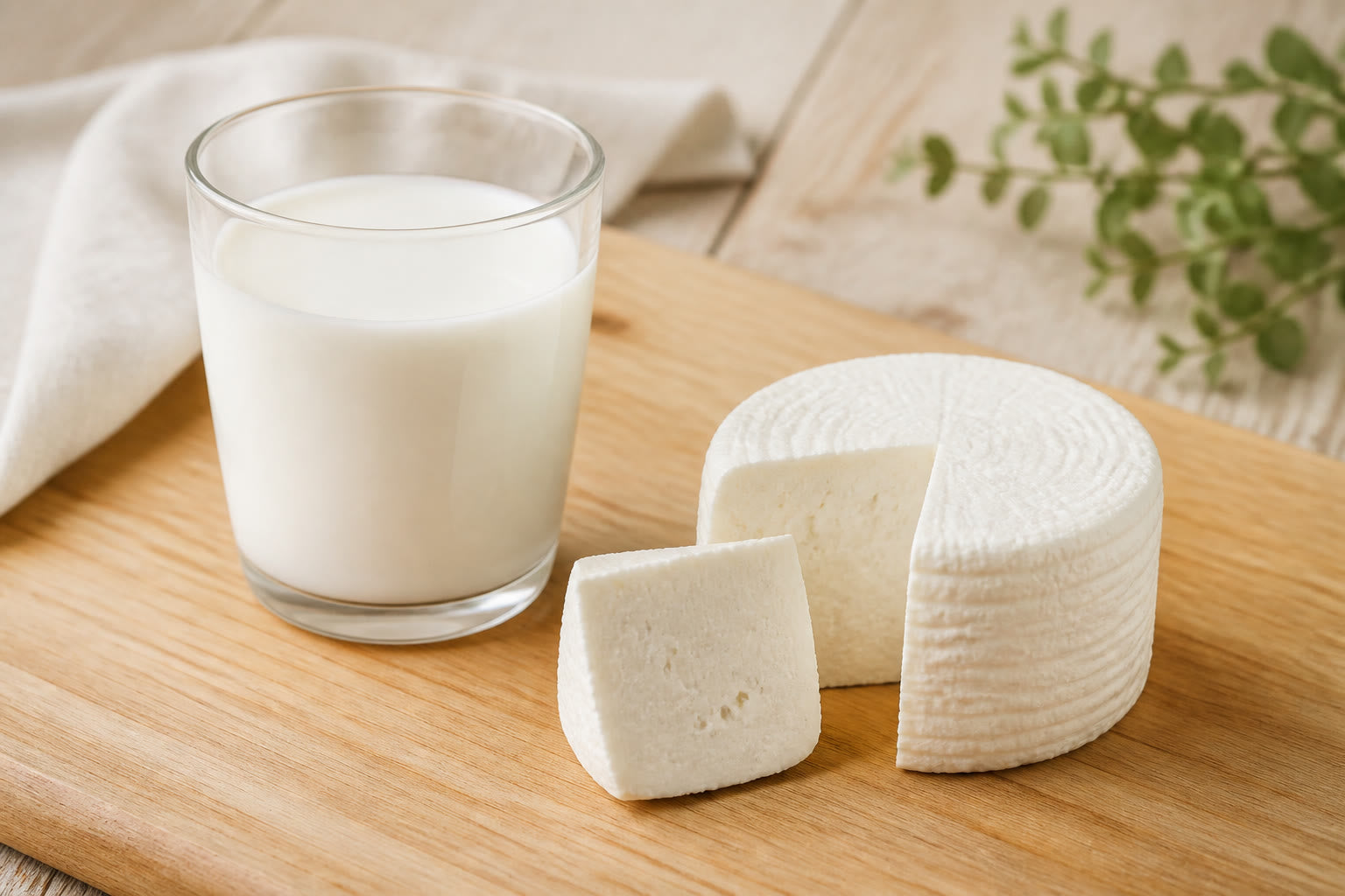 Glass of milk beside a small block of kesong puti on wood
