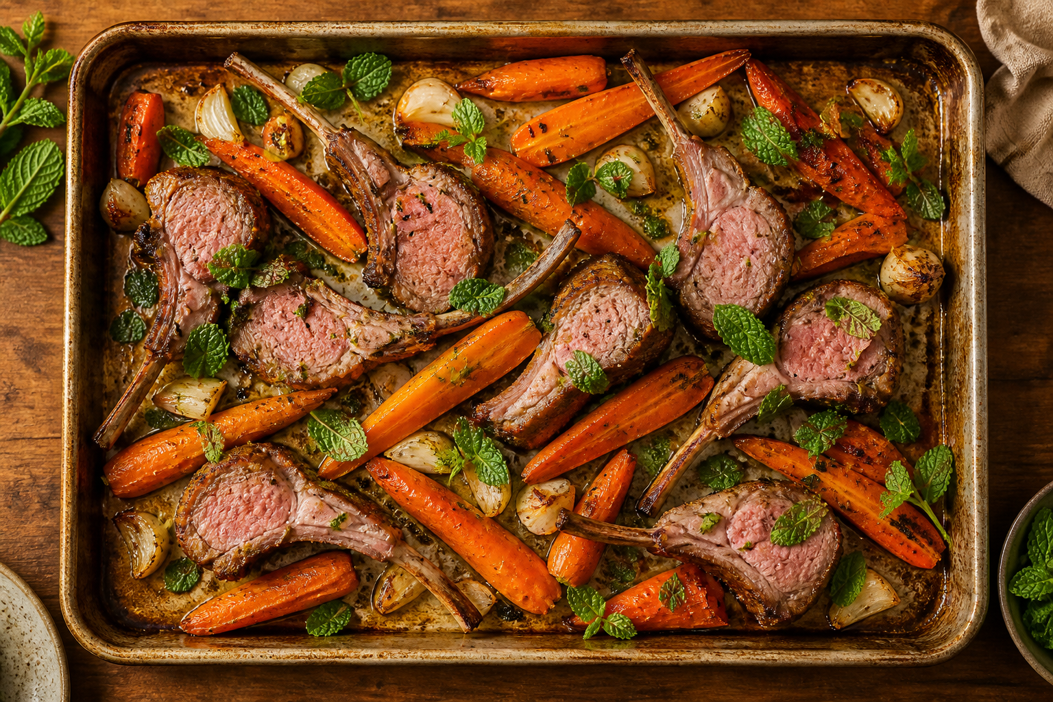 Overhead shot of Lamb and Roasted Carrot Sheet Pan with Mint plated appetizingly in a baking tray