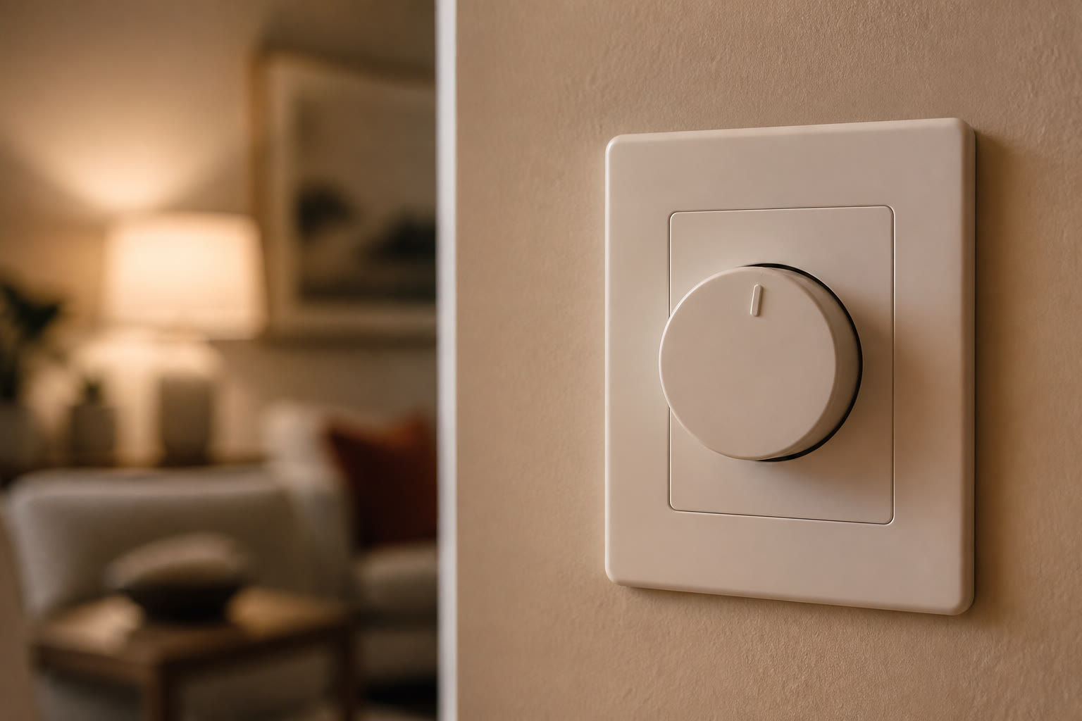 A close-up of a household dimmer switch set to a mid-level position.