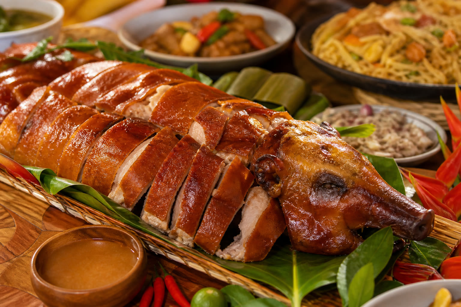 Platter of sliced lechon with crisp golden-brown skin