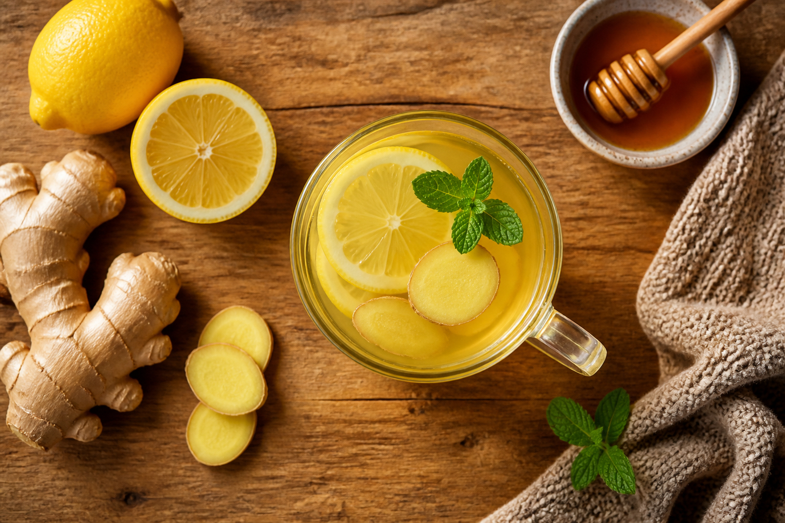 Overhead shot of Lemon Ginger Tea plated appetizingly in a tall glass or mug