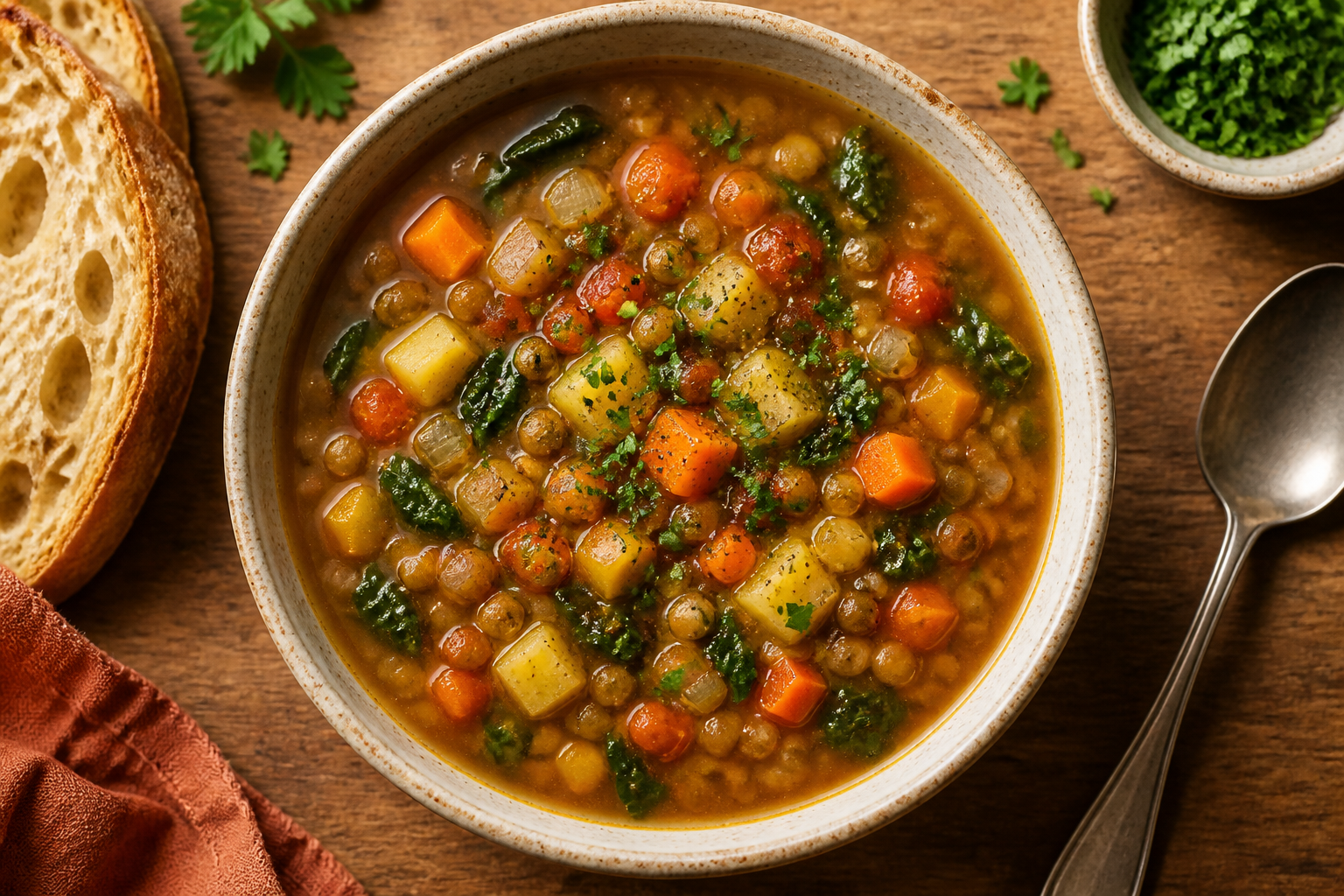 Overhead shot of Lentil and Vegetable Soup plated appetizingly in a ceramic bowl