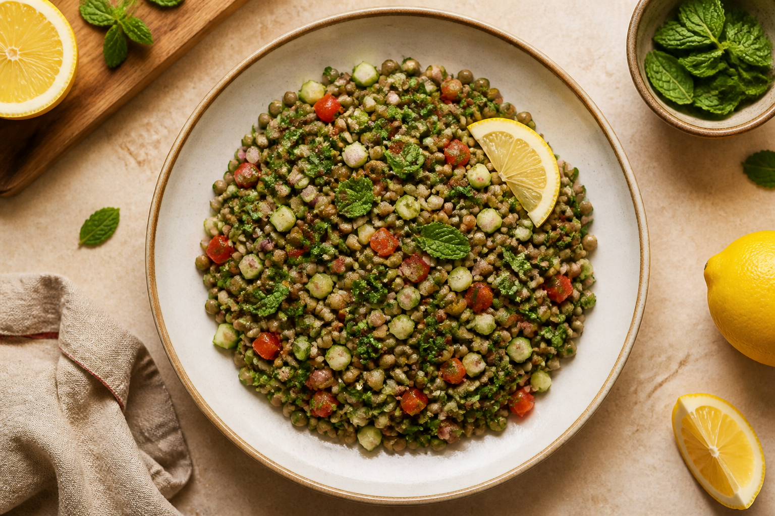 Overhead shot of Lentil Tabbouleh with Mint and Lemon plated appetizingly in a wide clean plate