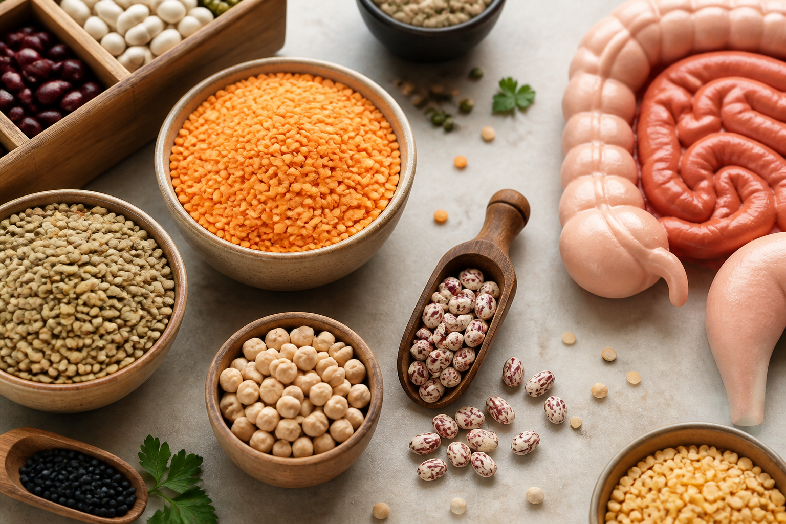 Close-up editorial still life of Lentils and Legumes and Your Gut on a clean wooden or marble surface