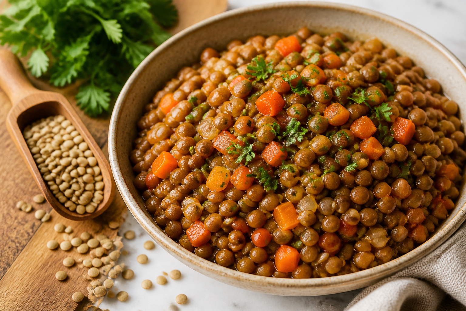 Close-up editorial still life of Lentils Are the Easiest Way to Build Fiber Tolerance on a clean wooden or marble surface