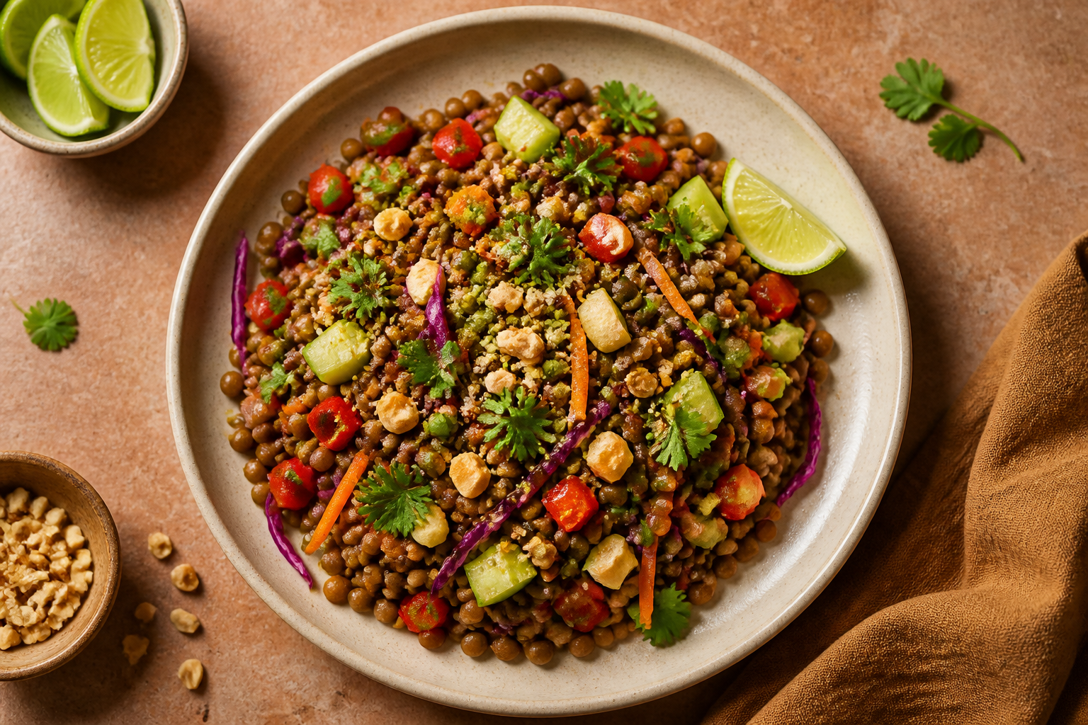 Overhead shot of Lime Ginger Iron-Boost Lentil Salad plated appetizingly in a wide clean plate