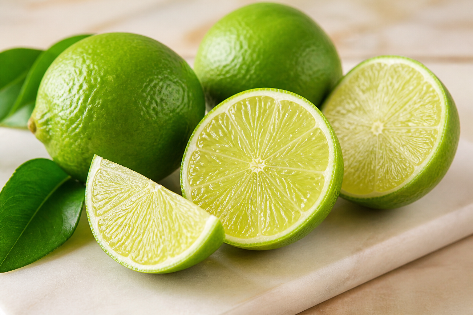 Close-up of Lime as fresh whole and cut fruit on a clean wooden or marble surface