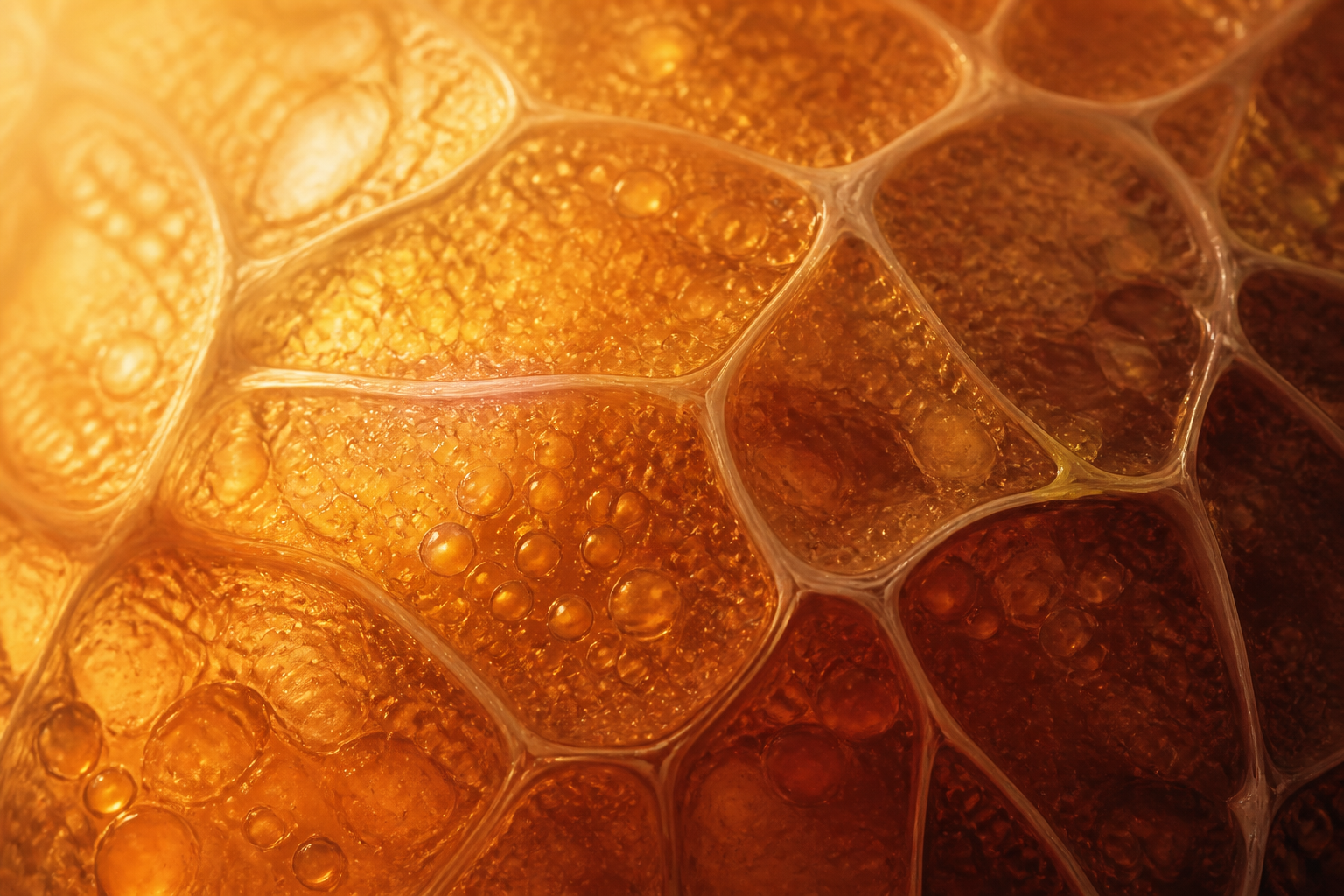 Abstract close-up of amber-gold liver-evoking cellular texture with soft warm directional light