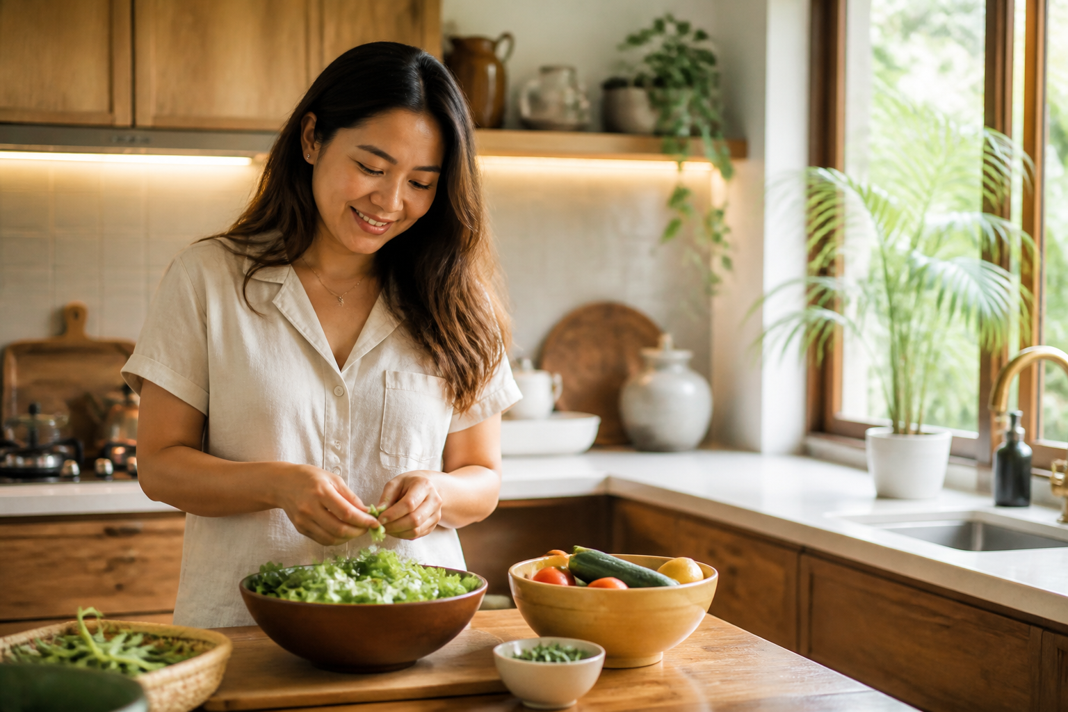 Filipino woman in her 30s in a warm home kitchen