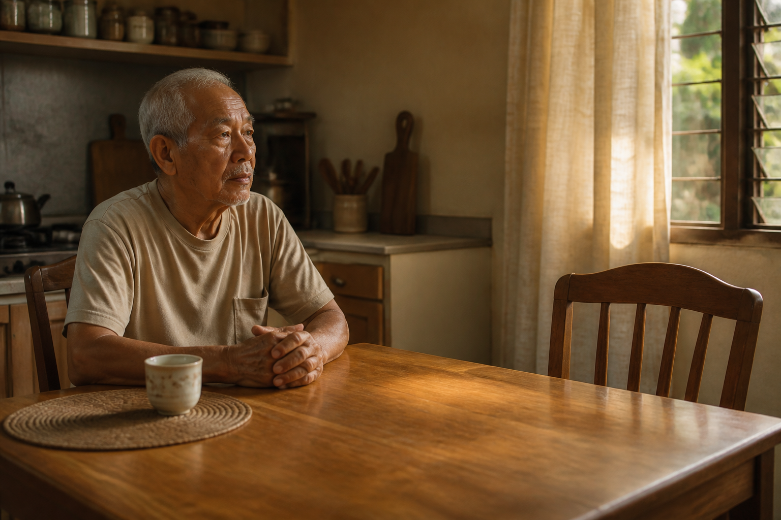 Filipino elderly man sitting at a kitchen table with a single empty chair across from him