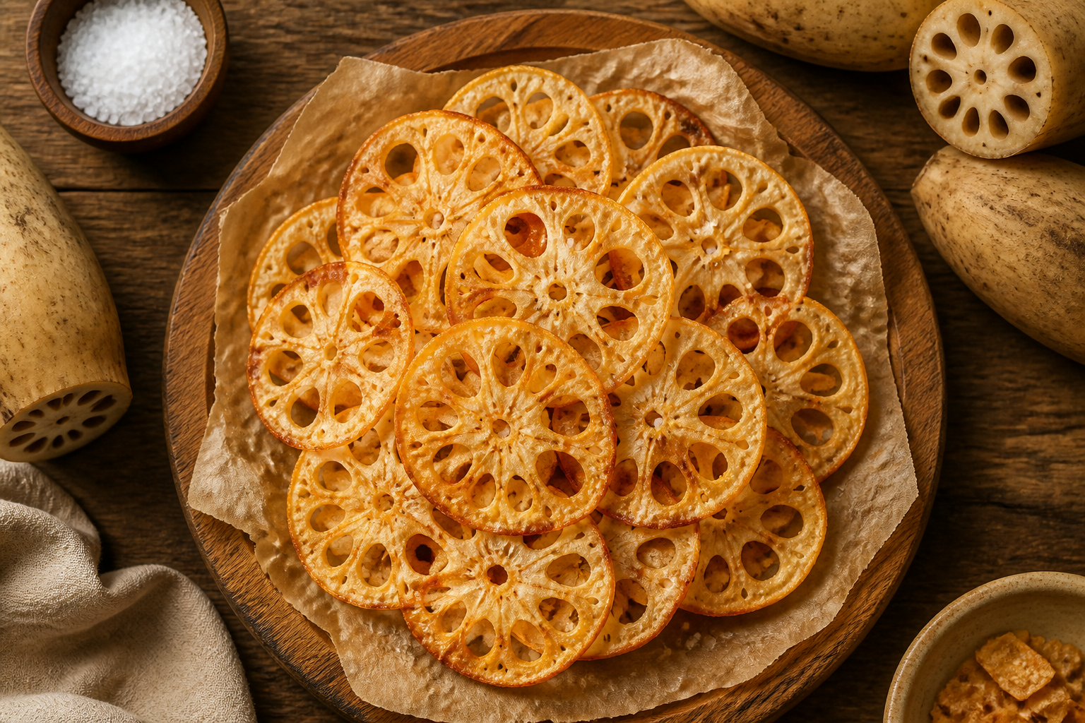 Overhead shot of Lotus Root Chips with Sea Salt plated appetizingly in a wooden board