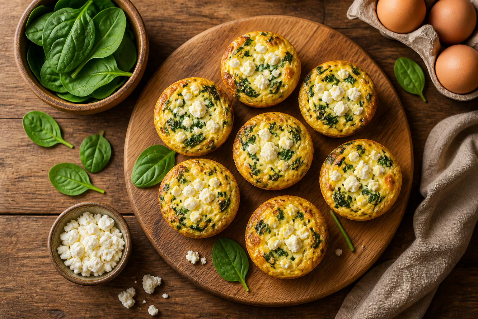 Overhead shot of Low-Carb Egg Muffins with Spinach and Feta plated appetizingly in a wooden board