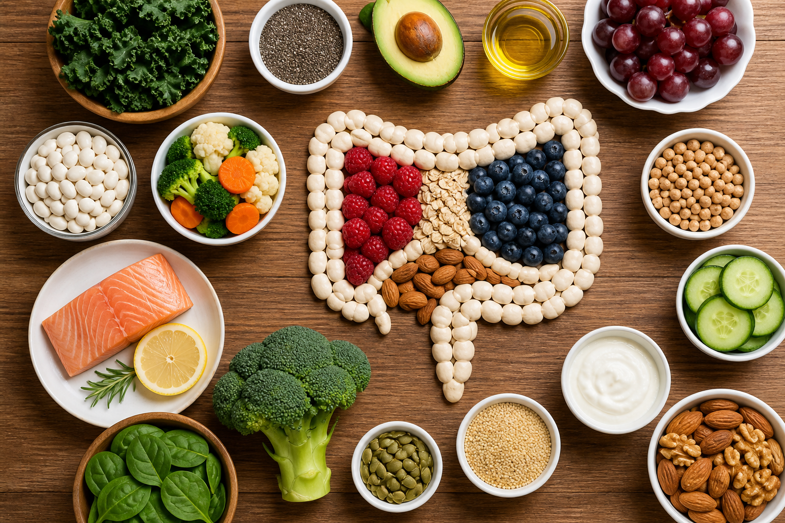 Overhead flat lay of foods representing Low-Fat Diets and Your Gut arranged beautifully on a wooden surface