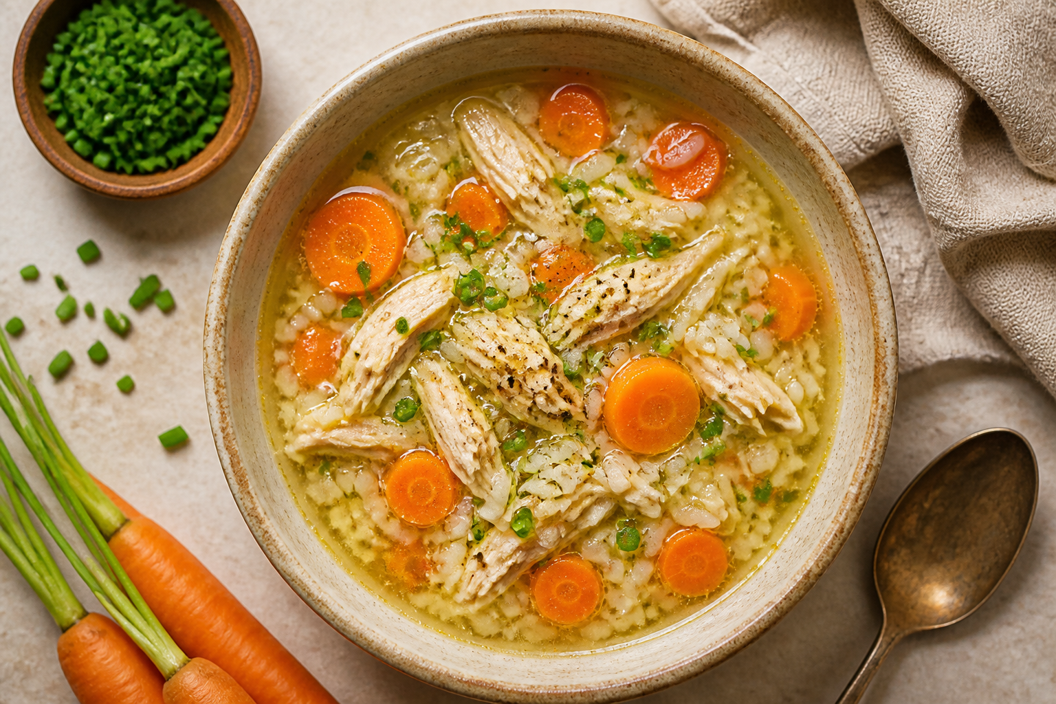 Overhead shot of Low-FODMAP Chicken and Rice Soup with Carrots and Chives plated appetizingly in a ceramic bowl