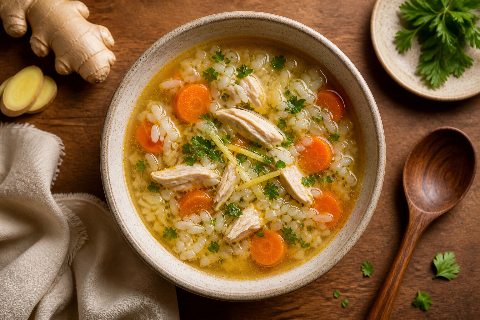 Overhead shot of Low-FODMAP Chicken and Rice Soup with Carrots and Ginger plated appetizingly in a ceramic bowl
