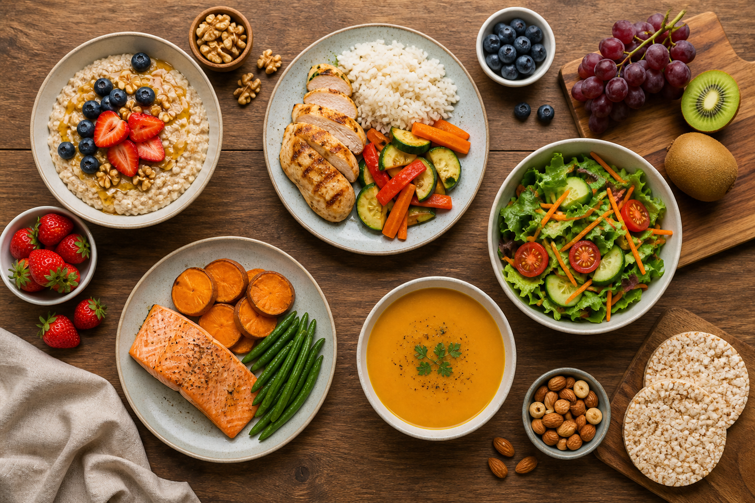 Overhead flat lay of foods representing Low-FODMAP