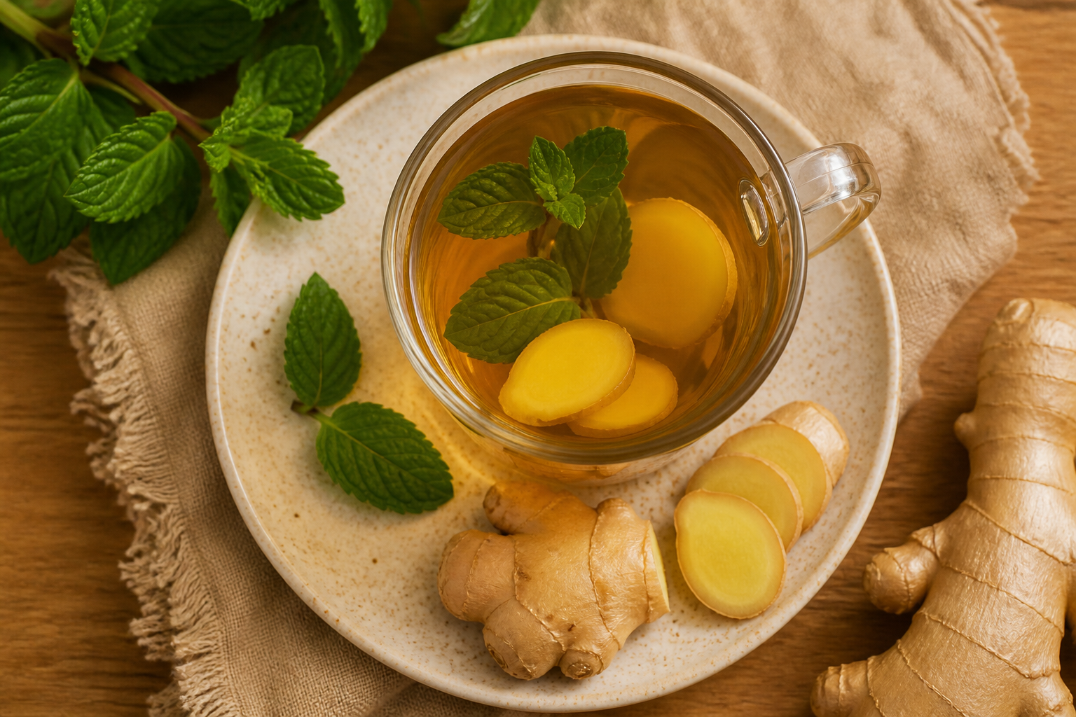 Overhead shot of Low-FODMAP Peppermint Ginger Digestive Tea plated appetizingly in a tall glass or mug