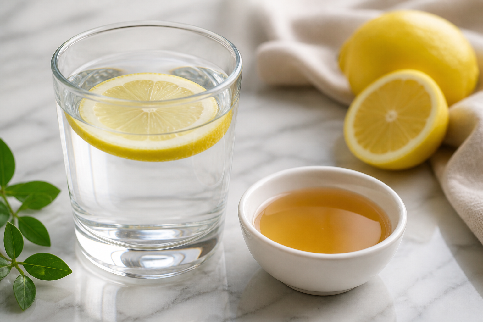 Close-up of a glass of water with a lemon slice beside a small white bowl of apple cider vinegar on a marble surface