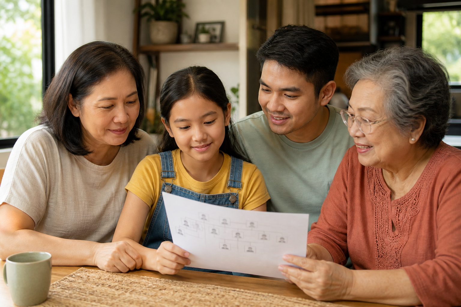 Filipino family of three generations sitting together at a table