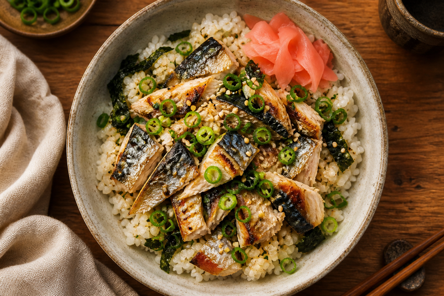 Overhead shot of Mackerel Rice Bowl with Pickled Ginger plated appetizingly in a ceramic bowl with toppings visible