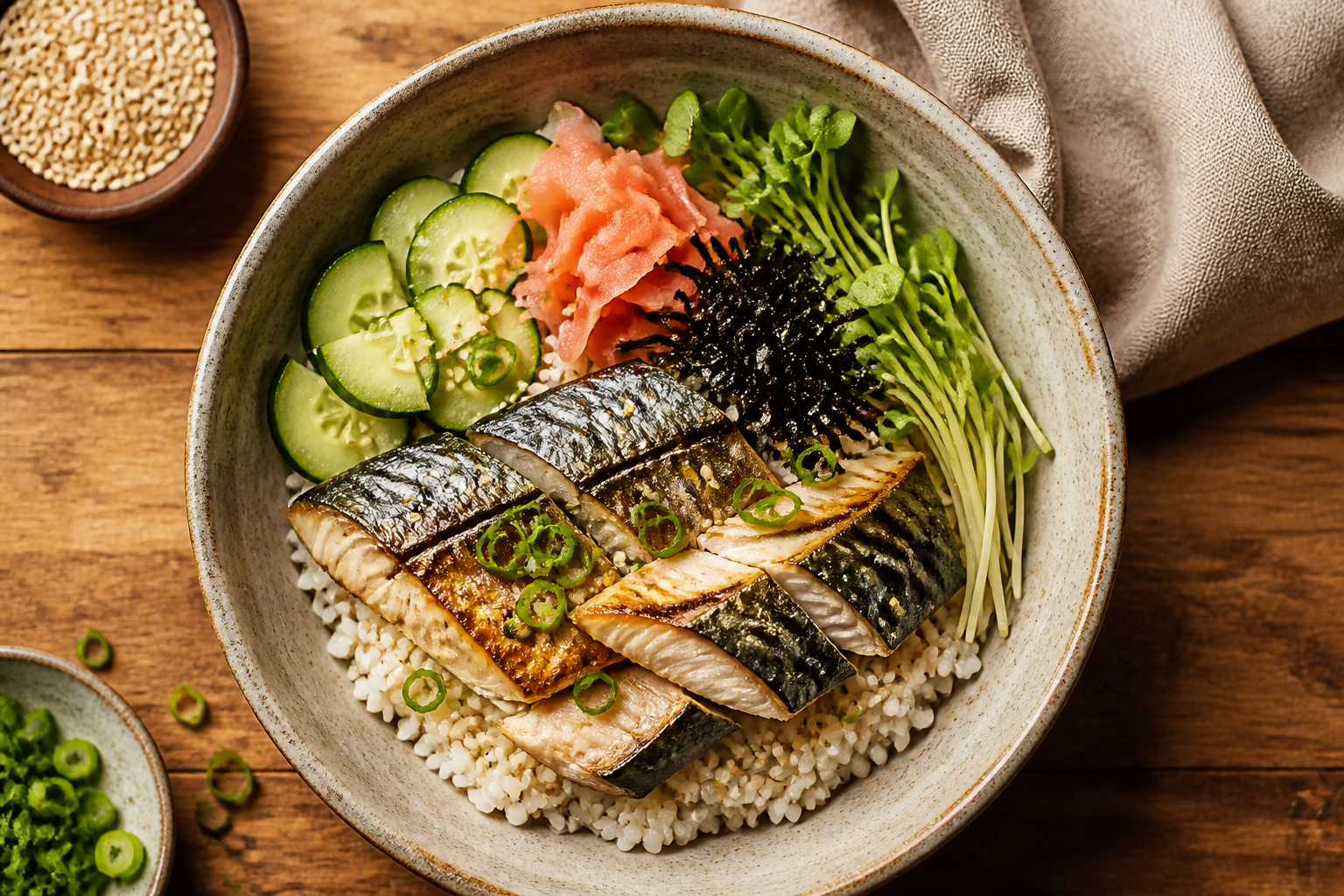 Overhead shot of Mackerel Rice Bowl plated appetizingly in a ceramic bowl with toppings visible