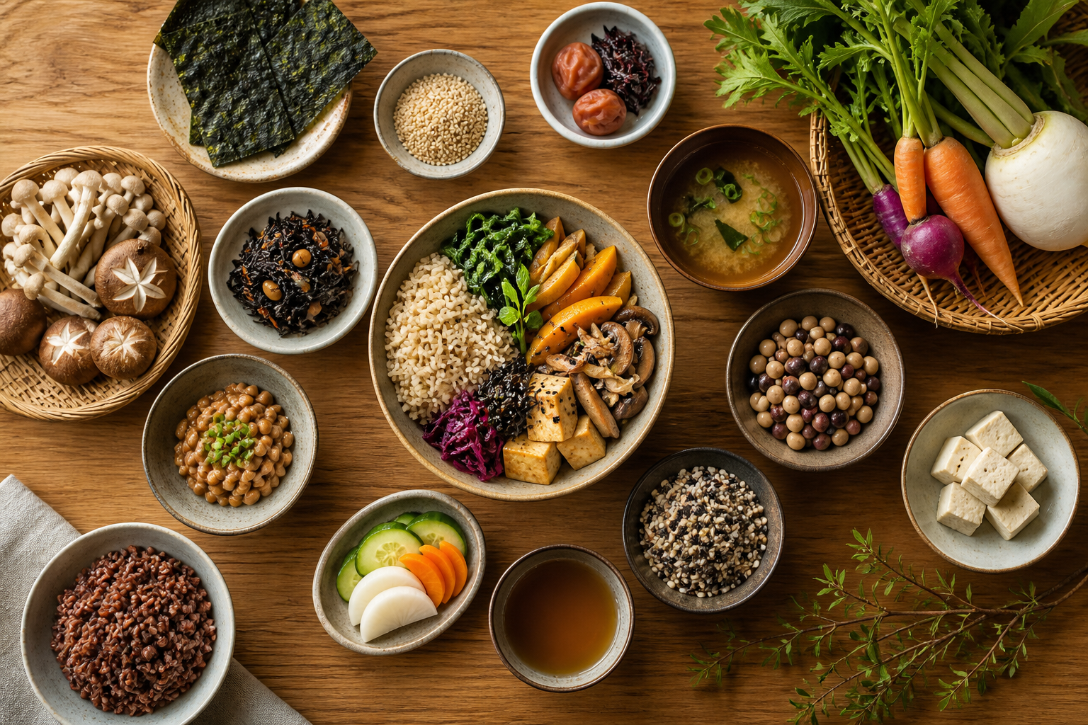 Overhead flat lay of foods representing Macrobiotic Diet and Your Gut arranged beautifully on a wooden surface