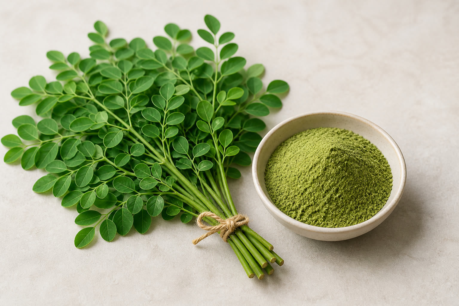 Fresh malunggay leaves beside a bowl of dried moringa powder