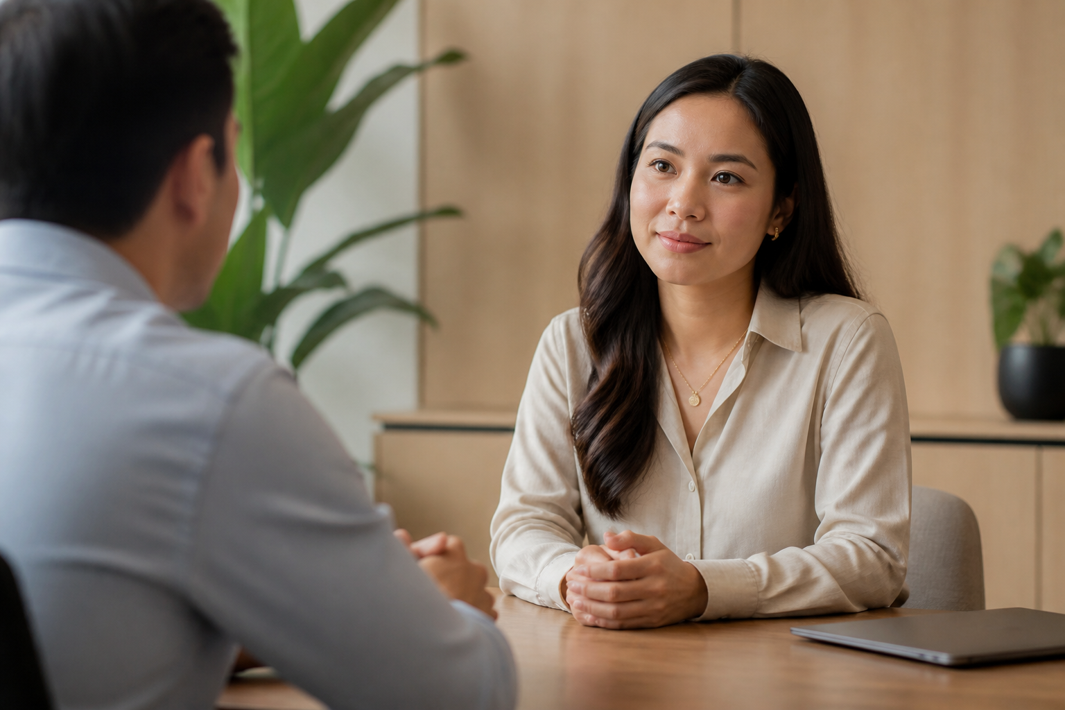 Filipino woman in her 30s in a private one-on-one meeting with her manager